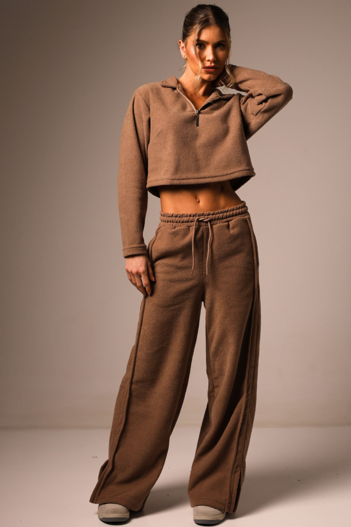 Long Sleeve Cropped Boucle Brown