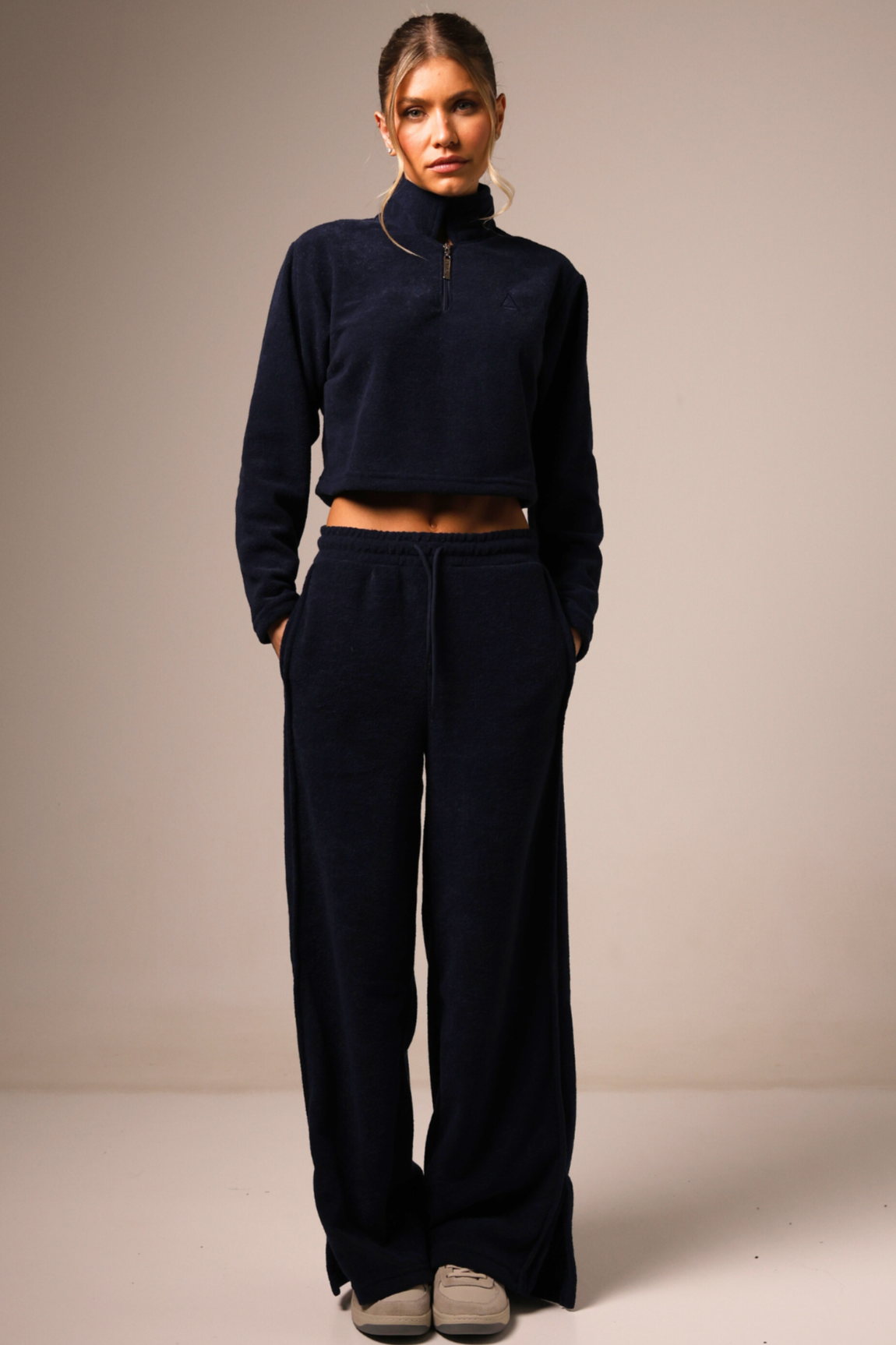 Long Sleeve Cropped Boucle Navy Blue