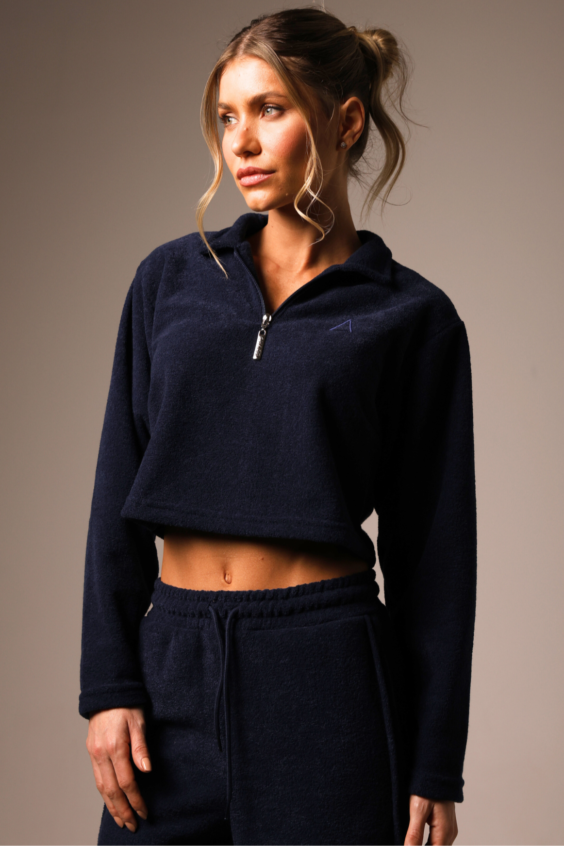 Long Sleeve Cropped Boucle Navy Blue