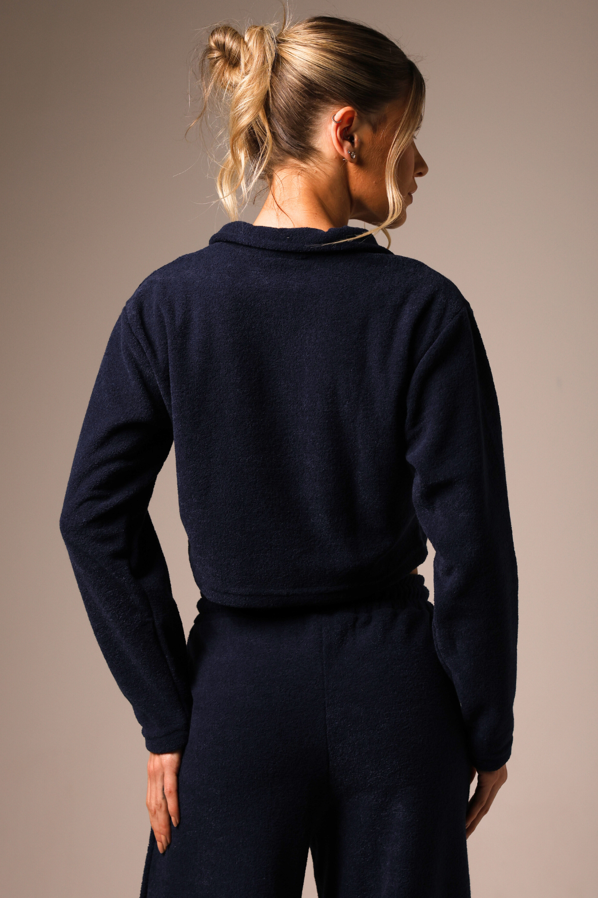 Long Sleeve Cropped Boucle Navy Blue