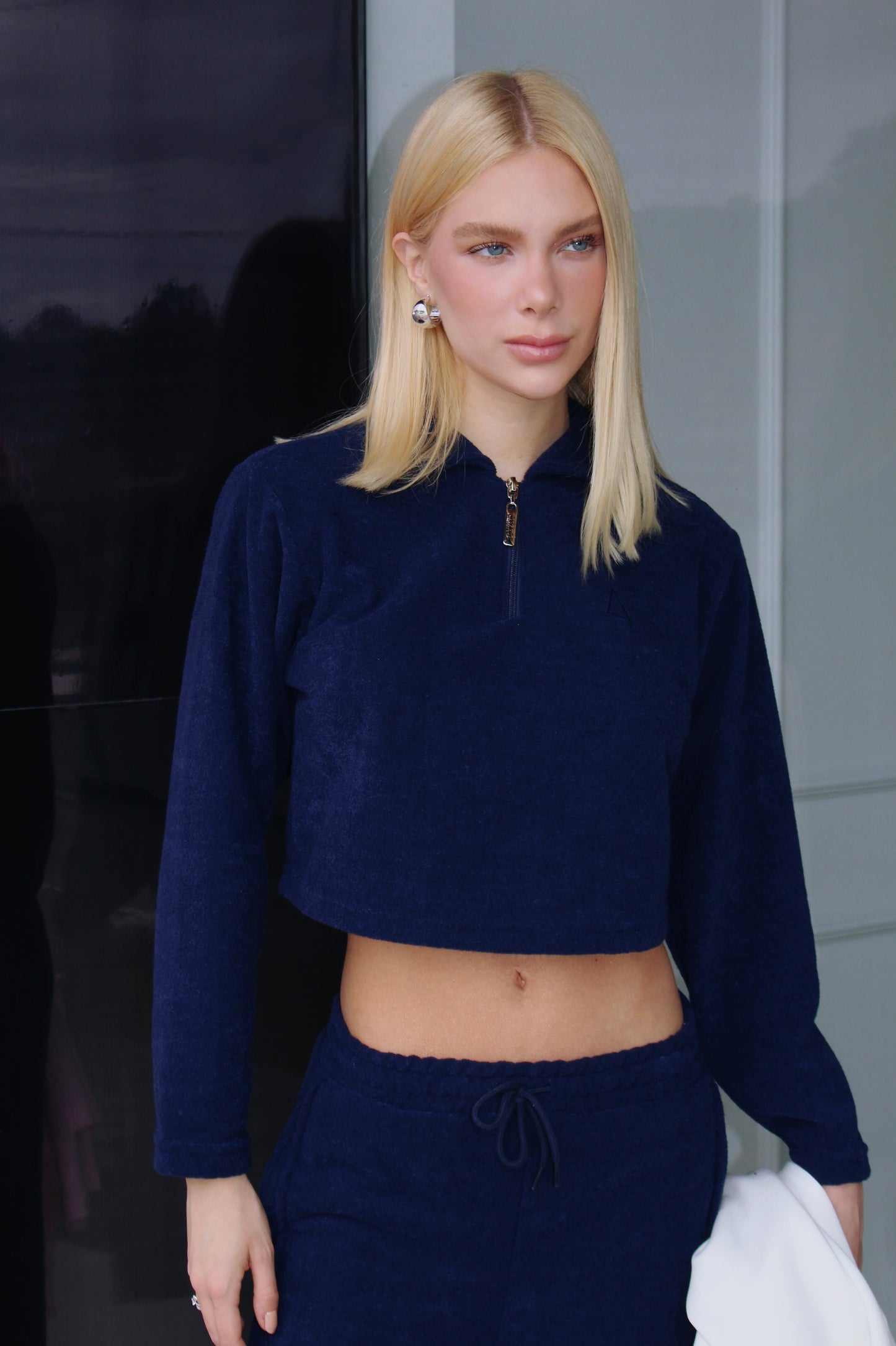 Long Sleeve Cropped Boucle Navy Blue