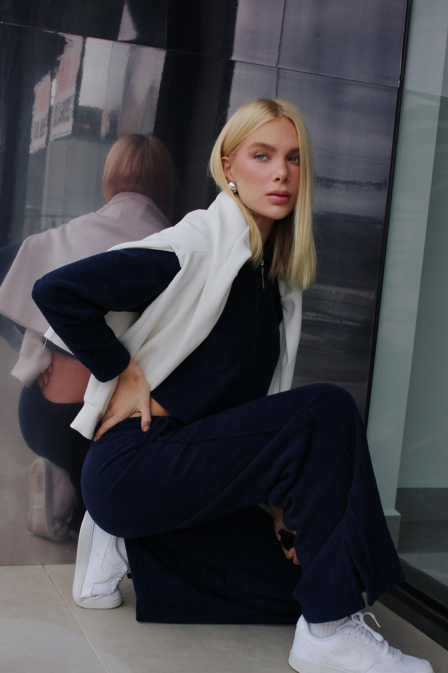 Long Sleeve Cropped Boucle Navy Blue