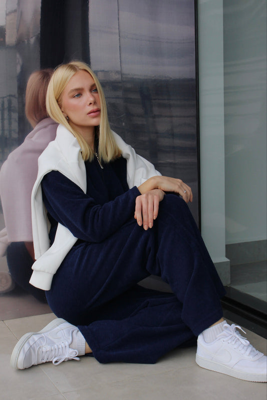 Wide Leg Boucle Navy Blue